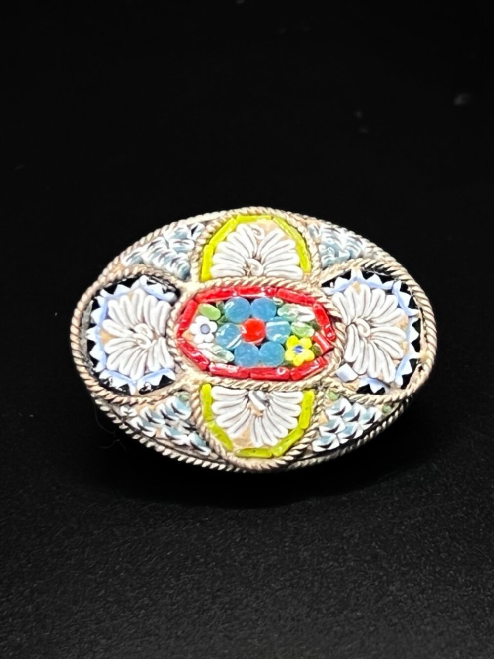 Small Vintage Micro Mosaic Brooch In Blue, Red, and Yellow-Green